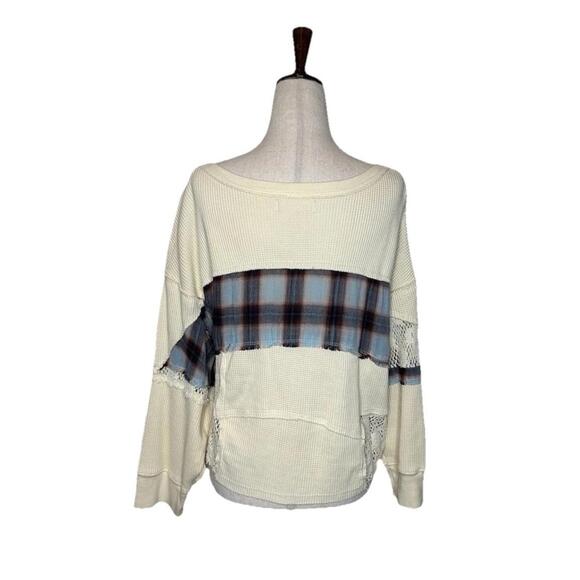 Free People We The Free Womens L Nina Tee Plaid Crochet Lace Thermal Henley Top - Picture 4 of 7